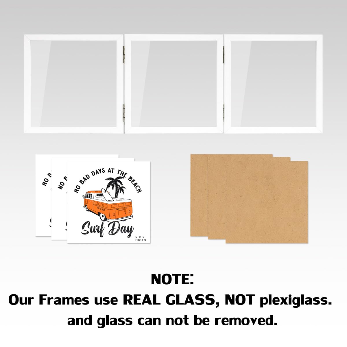 3 Picture Frame 5x5 White Triple Hinged MDF Wood with Glass Front Three Opening Photo Frame Stand Vertical on Tabletop